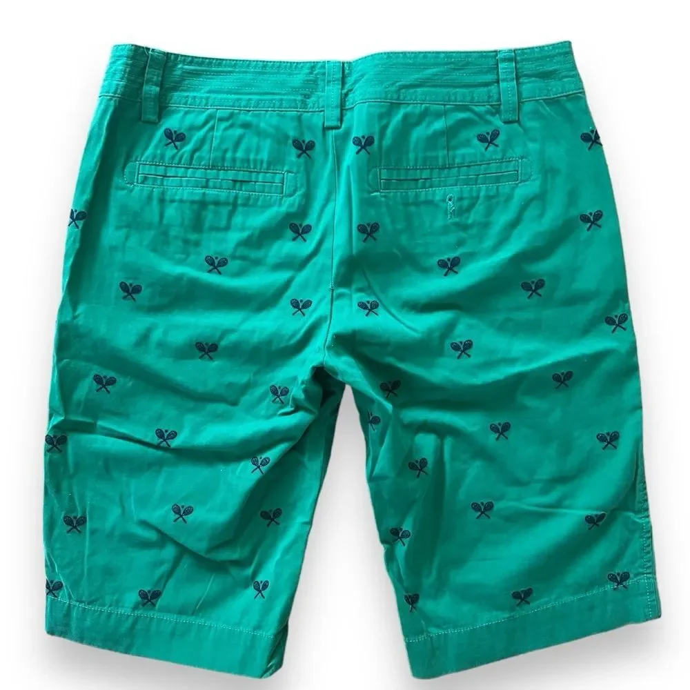 J Crew Women's Green Bermuda Shorts with Embroidered Navy Tennis City Fit Size 6